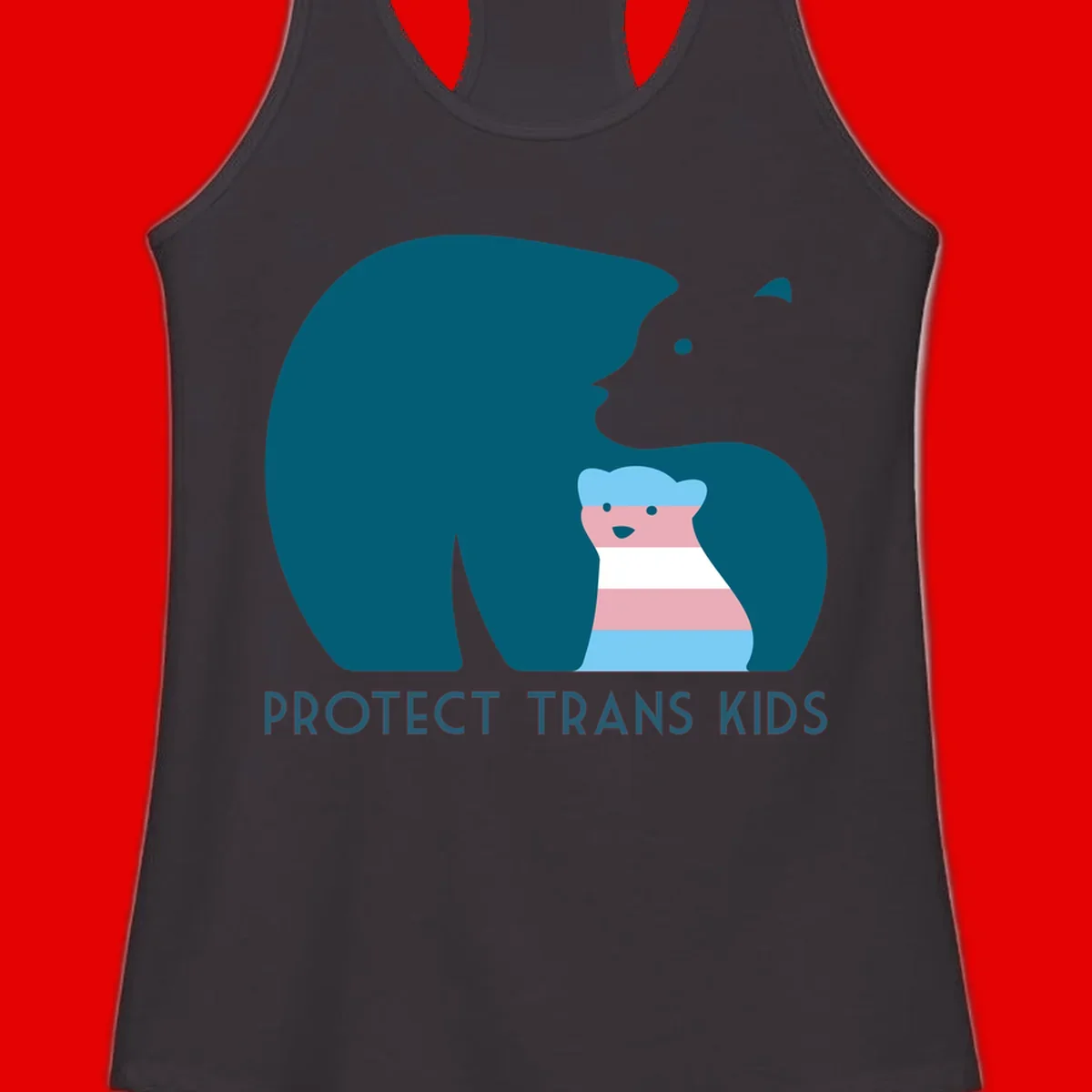 Illustration of large protective bear with small colorful striped cub inside, text reads 'Protect Trans Kids' in teal
