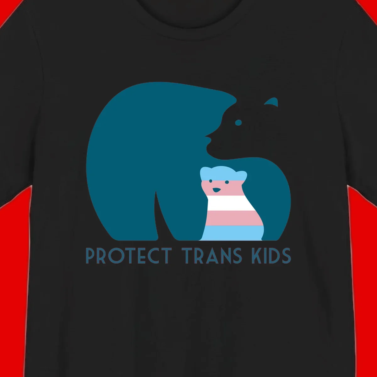 Illustration of large protective bear with small colorful striped cub inside, text reads 'Protect Trans Kids' in teal