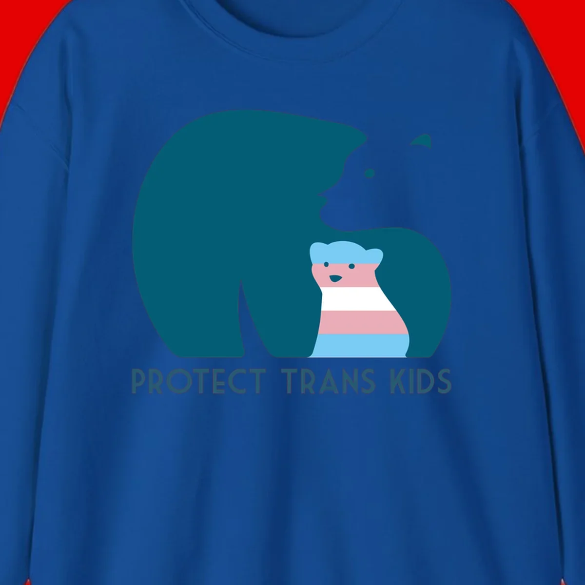 Illustration of large protective bear with small colorful striped cub inside, text reads 'Protect Trans Kids' in teal