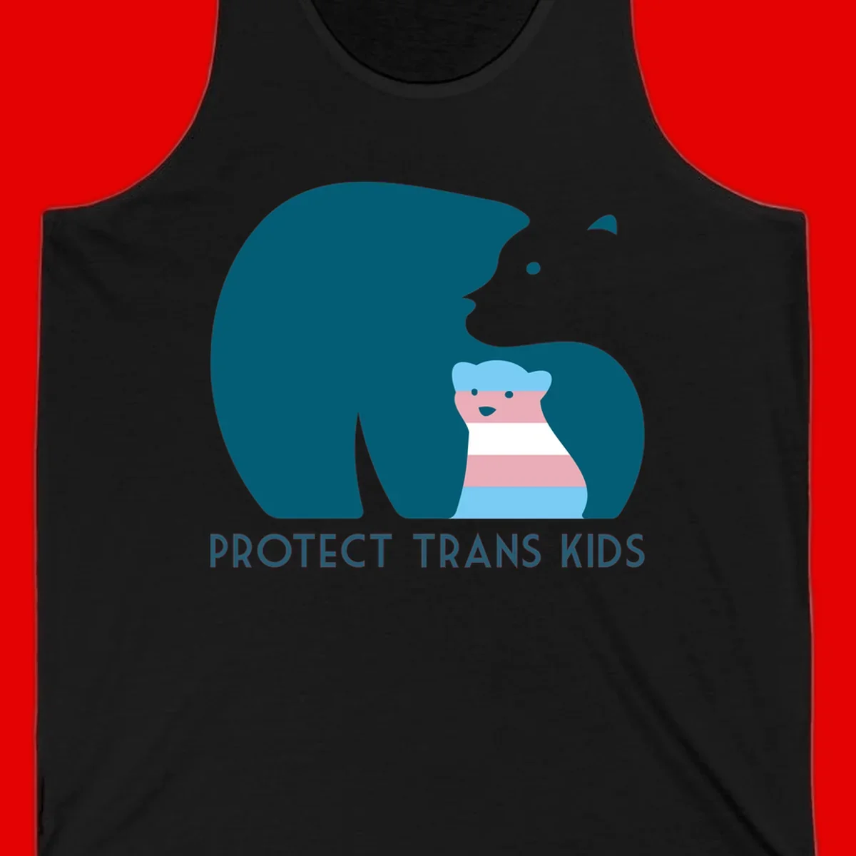 Illustration of large protective bear with small colorful striped cub inside, text reads 'Protect Trans Kids' in teal