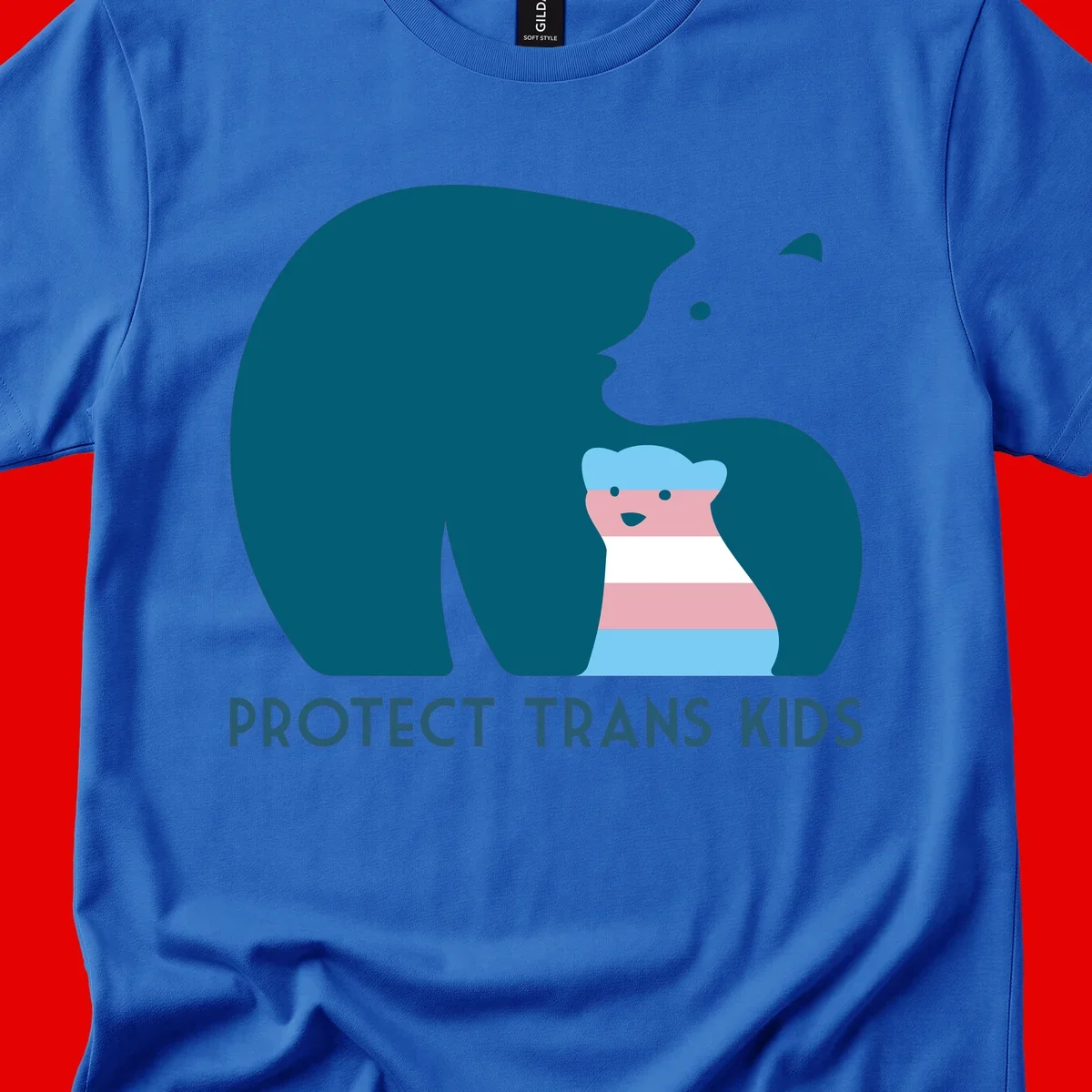Illustration of large protective bear with small colorful striped cub inside, text reads 'Protect Trans Kids' in teal