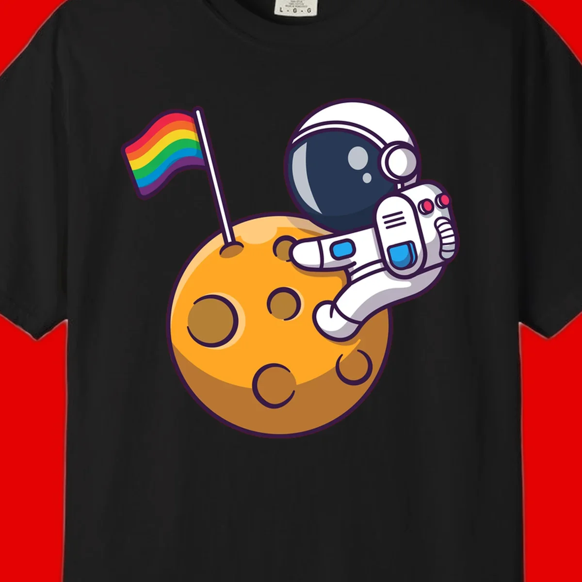 Astronaut in space suit holding rainbow pride flag on moon with craters and stars