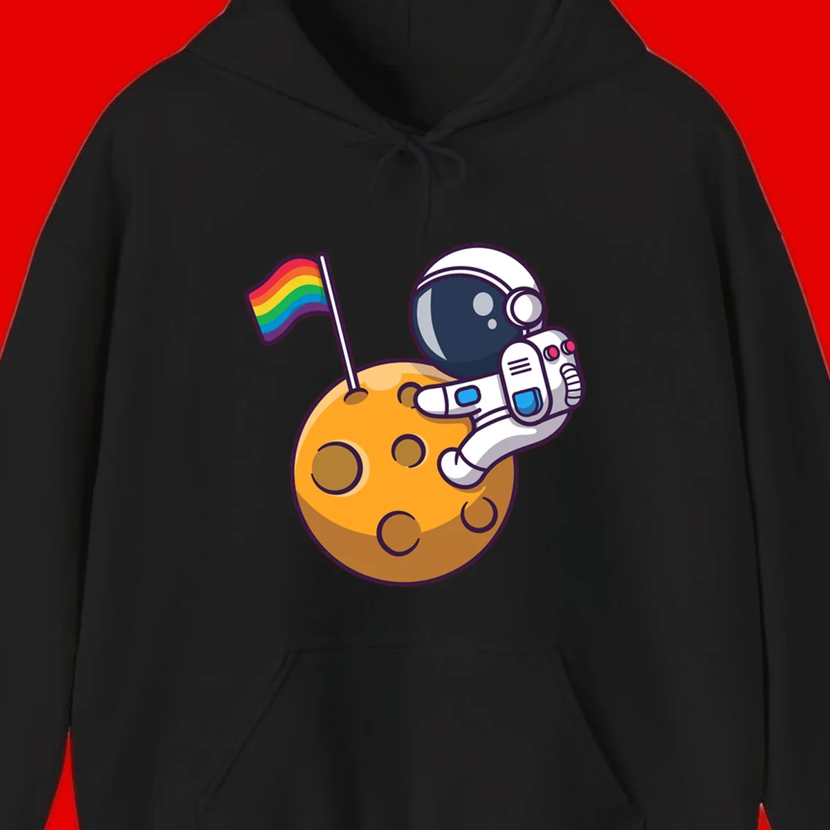 Astronaut in space suit holding rainbow pride flag on moon with craters and stars