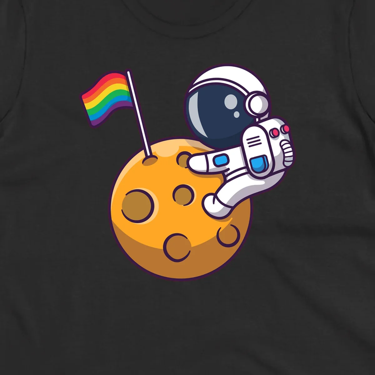Astronaut in space suit holding rainbow pride flag on moon with craters and stars