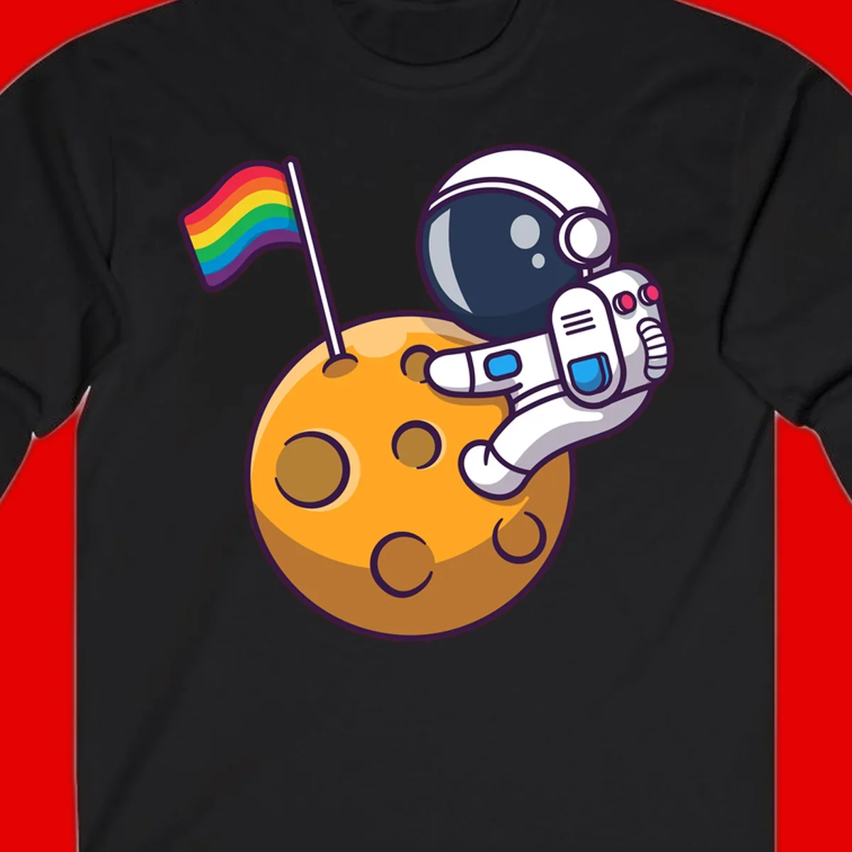 Astronaut in space suit holding rainbow pride flag on moon with craters and stars