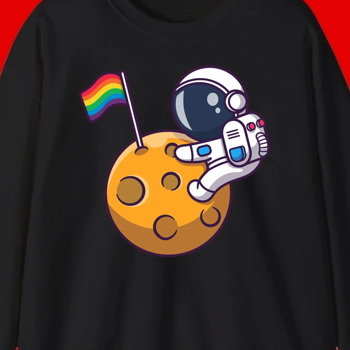 Astronaut in space suit holding rainbow pride flag on moon with craters and stars
