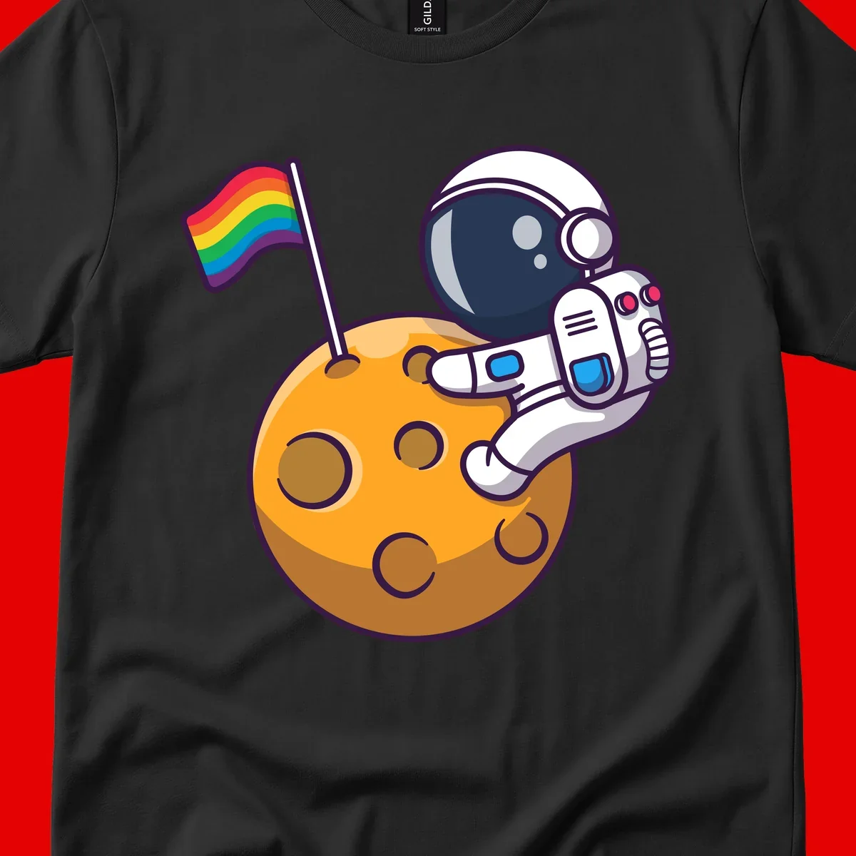 Astronaut in space suit holding rainbow pride flag on moon with craters and stars