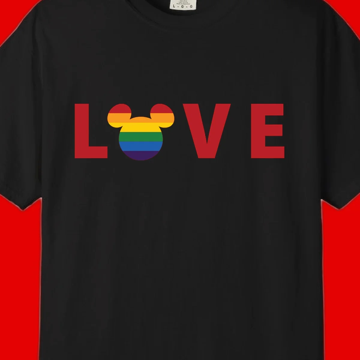 Love Pride Mouse Ears design featuring bold red LOVE text with rainbow-striped Mickey Mouse head combining Disney and LGBTQ Pride imagery
