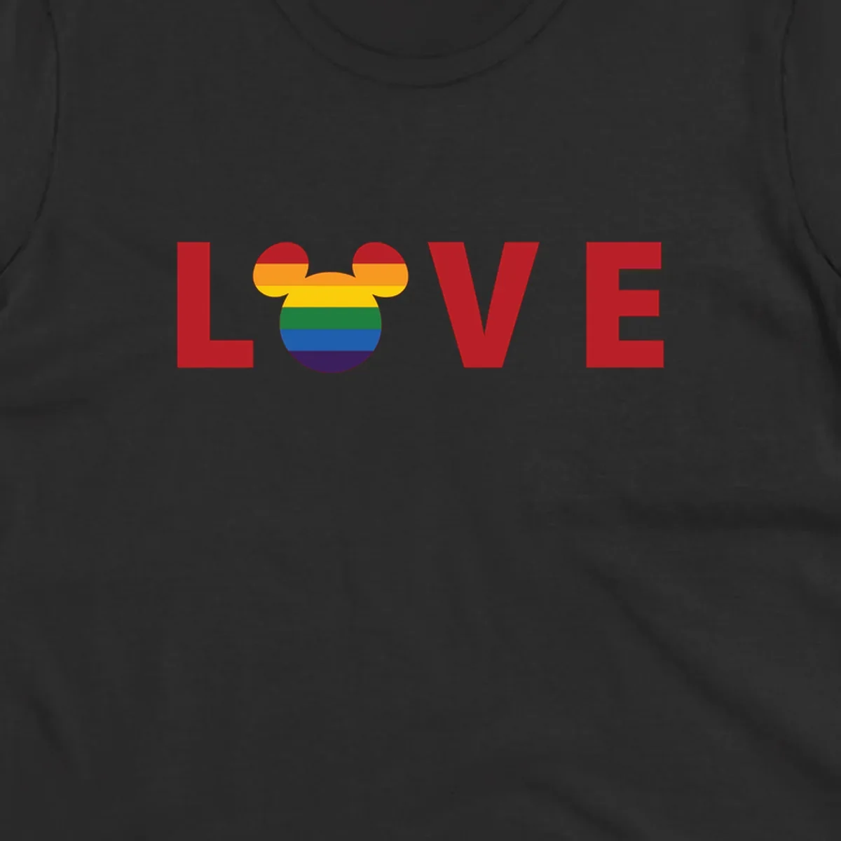 Love Pride Mouse Ears design featuring bold red LOVE text with rainbow-striped Mickey Mouse head combining Disney and LGBTQ Pride imagery