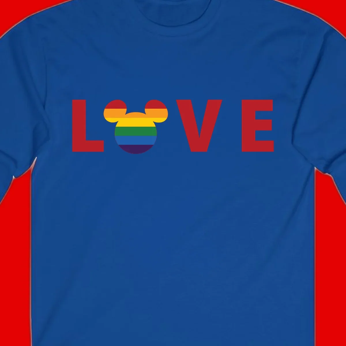 Love Pride Mouse Ears design featuring bold red LOVE text with rainbow-striped Mickey Mouse head combining Disney and LGBTQ Pride imagery
