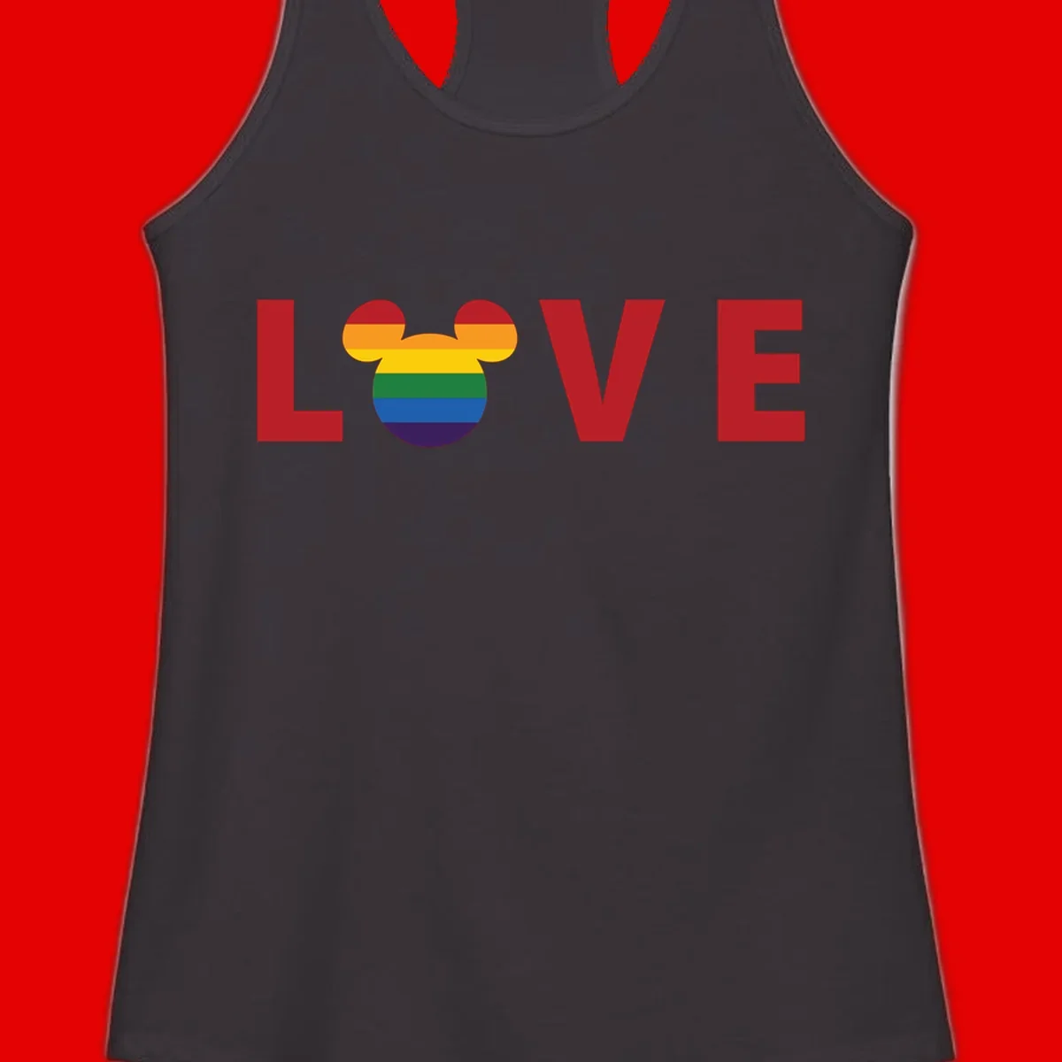 Love Pride Mouse Ears design featuring bold red LOVE text with rainbow-striped Mickey Mouse head combining Disney and LGBTQ Pride imagery