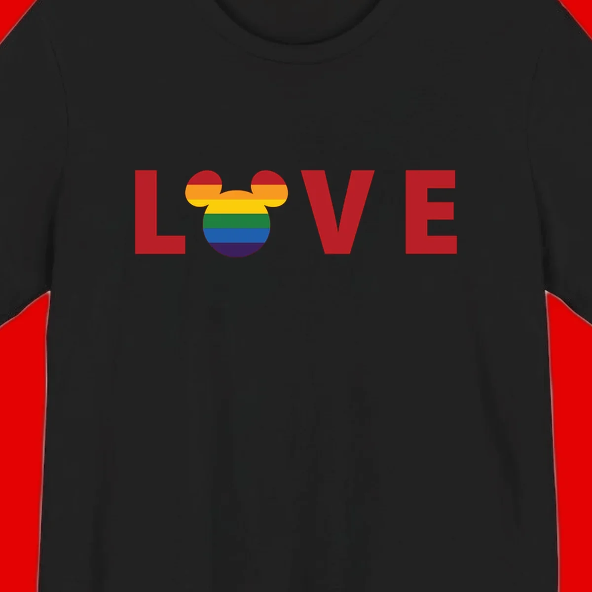 Love Pride Mouse Ears design featuring bold red LOVE text with rainbow-striped Mickey Mouse head combining Disney and LGBTQ Pride imagery