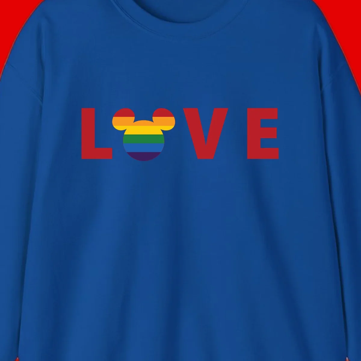 Love Pride Mouse Ears design featuring bold red LOVE text with rainbow-striped Mickey Mouse head combining Disney and LGBTQ Pride imagery