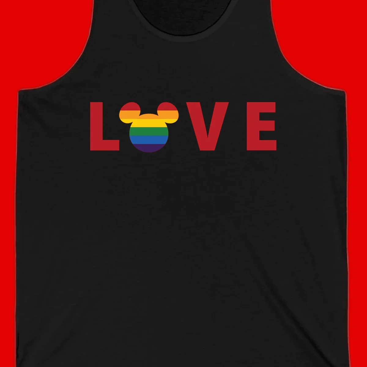 Love Pride Mouse Ears design featuring bold red LOVE text with rainbow-striped Mickey Mouse head combining Disney and LGBTQ Pride imagery