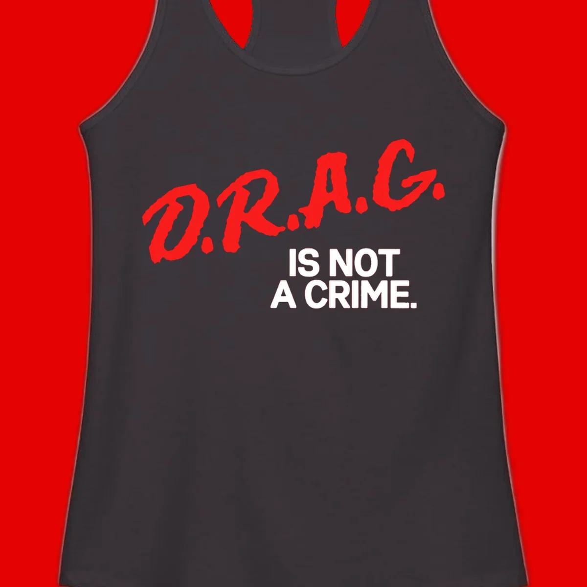 Bold red LGBTQ+ letters with white text reading 'IS NOT A CRIME' on gray background, pride statement design.