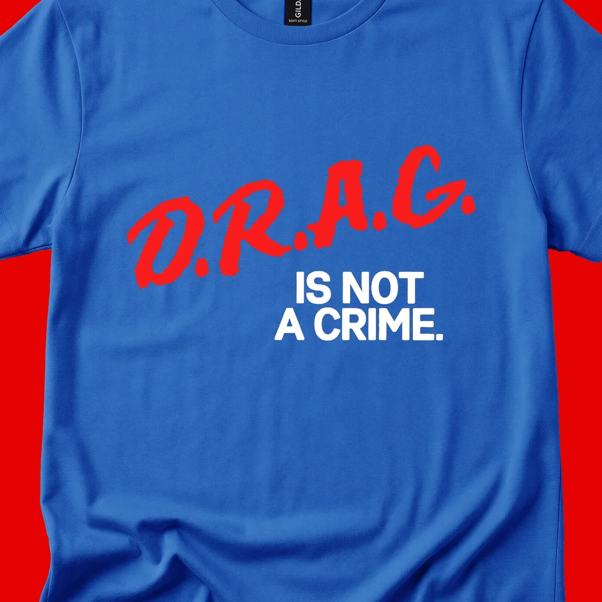 Bold red LGBTQ+ letters with white text reading 'IS NOT A CRIME' on gray background, pride statement design.