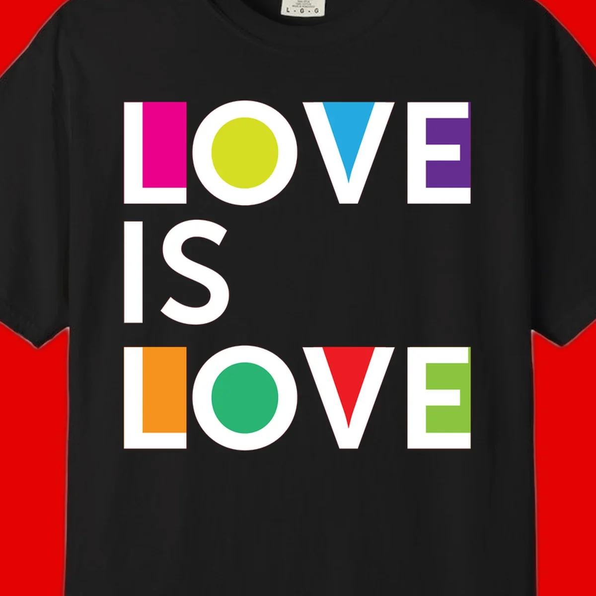Love is love pride design featuring stacked text with colorful geometric shapes in rainbow colors on gray background