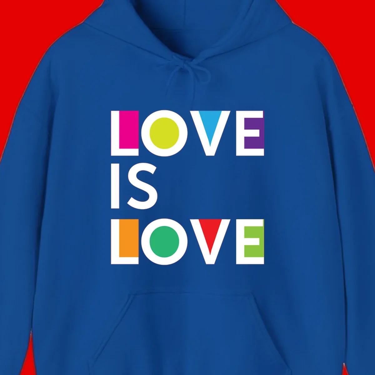 Love is love pride design featuring stacked text with colorful geometric shapes in rainbow colors on gray background