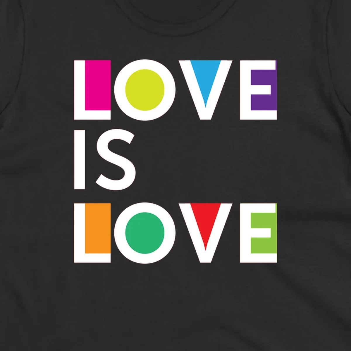 Love is love pride design featuring stacked text with colorful geometric shapes in rainbow colors on gray background