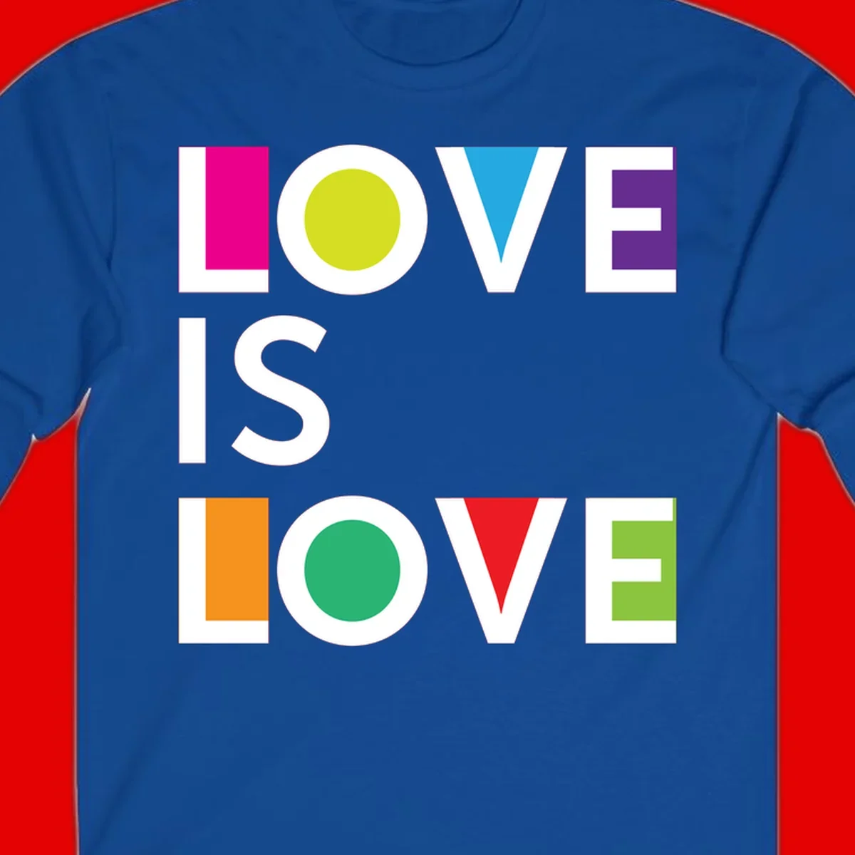 Love is love pride design featuring stacked text with colorful geometric shapes in rainbow colors on gray background