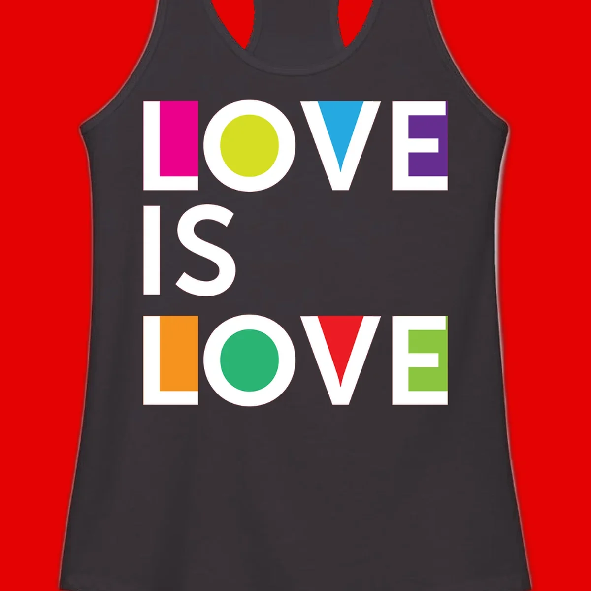 Love is love pride design featuring stacked text with colorful geometric shapes in rainbow colors on gray background