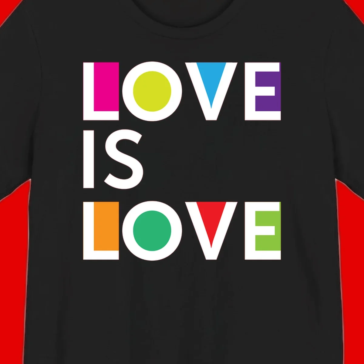 Love is love pride design featuring stacked text with colorful geometric shapes in rainbow colors on gray background