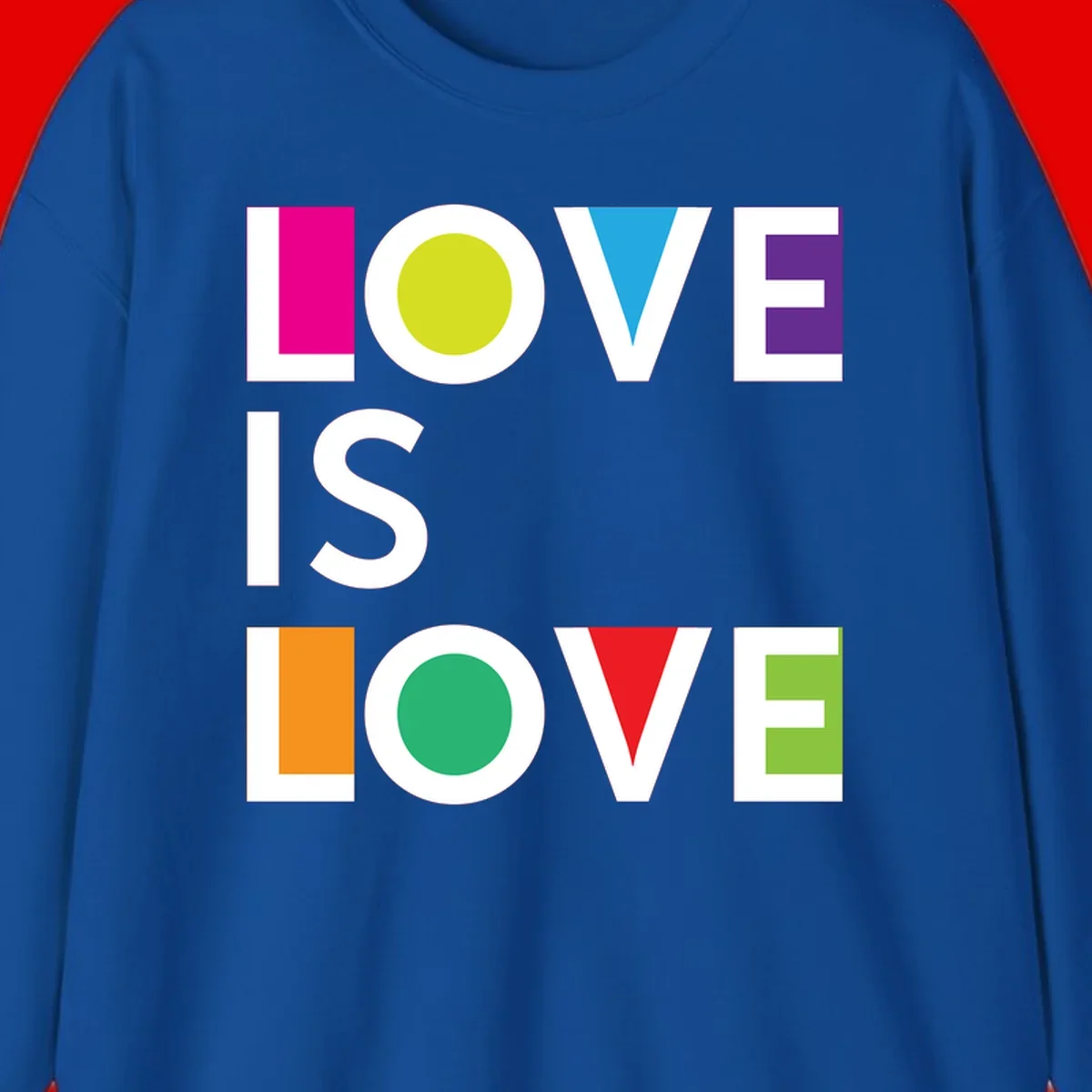 Love is love pride design featuring stacked text with colorful geometric shapes in rainbow colors on gray background