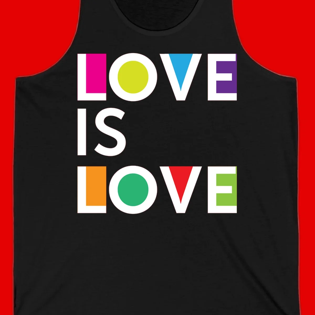 Love is love pride design featuring stacked text with colorful geometric shapes in rainbow colors on gray background