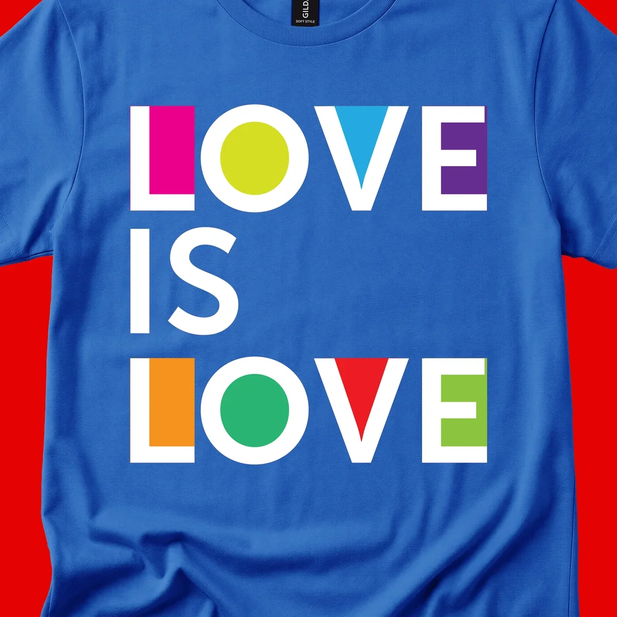 Love is love pride design featuring stacked text with colorful geometric shapes in rainbow colors on gray background