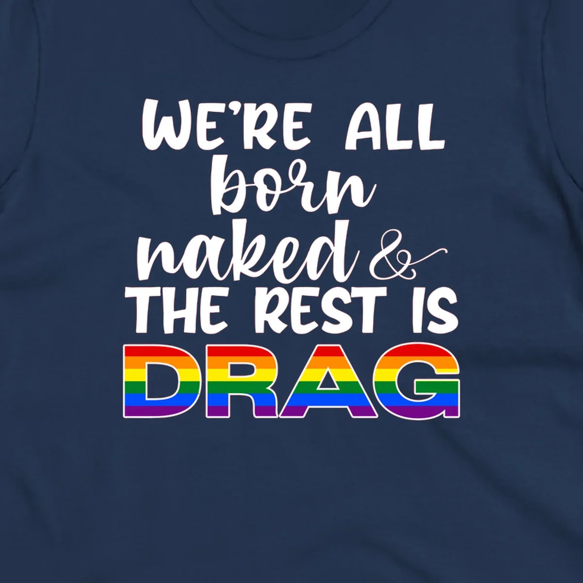 Born naked rest is drag pride design with rainbow flag colored DRAG lettering and inspirational quote text on gray background