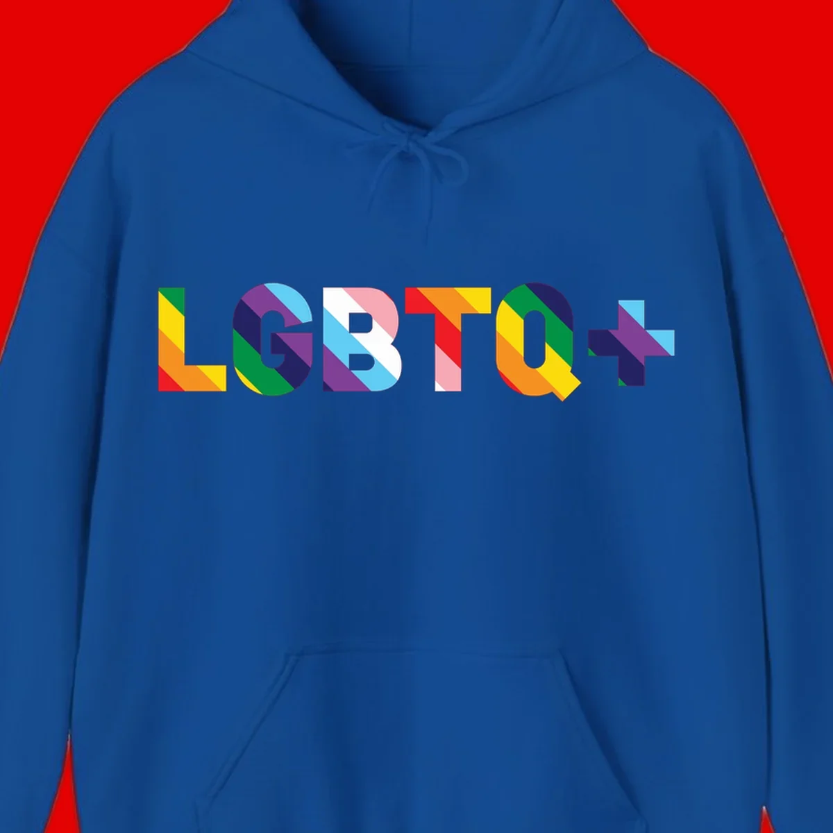 Colorful lgbtq-pride-letters design with diagonal rainbow stripes in red, orange, yellow, green, cyan, purple, and navy forming bold text
