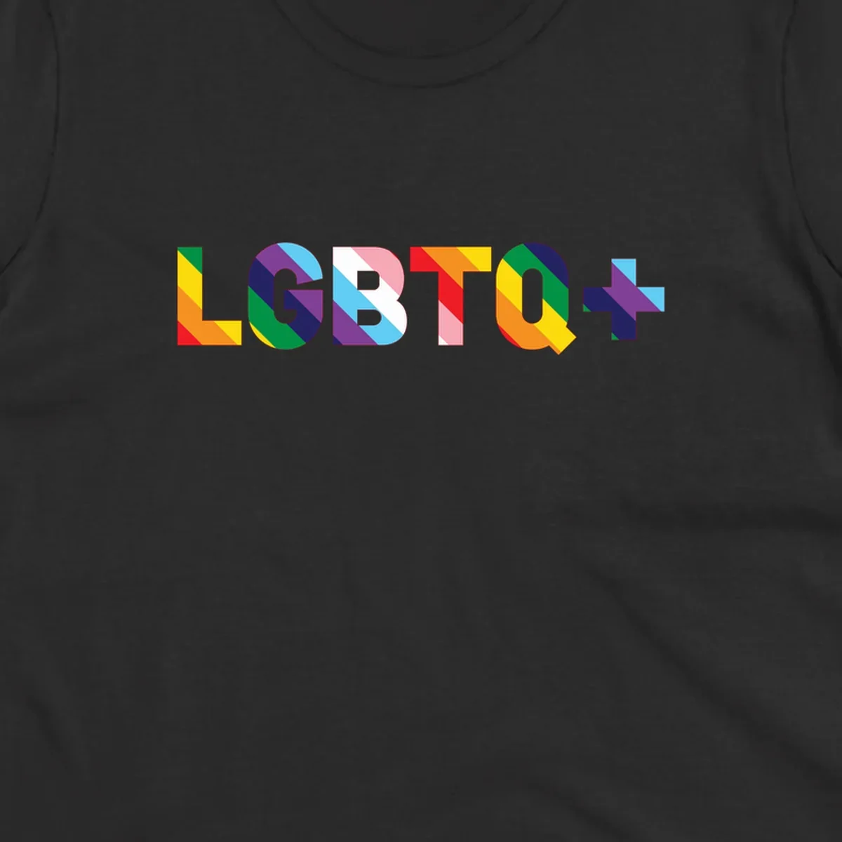 Colorful lgbtq-pride-letters design with diagonal rainbow stripes in red, orange, yellow, green, cyan, purple, and navy forming bold text