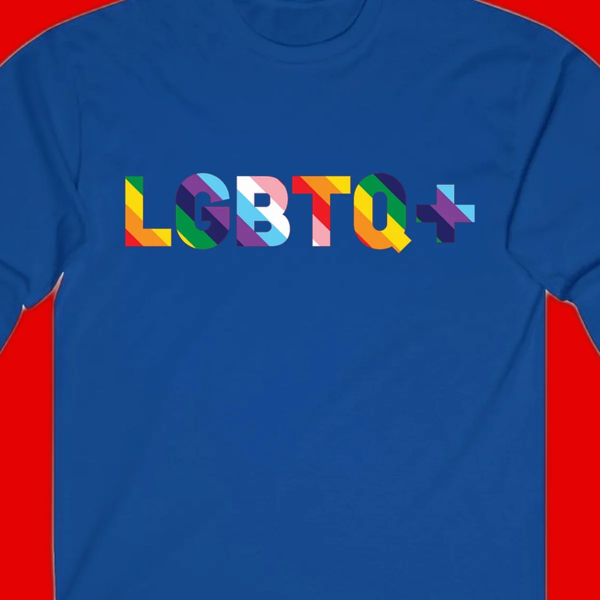 Colorful lgbtq-pride-letters design with diagonal rainbow stripes in red, orange, yellow, green, cyan, purple, and navy forming bold text