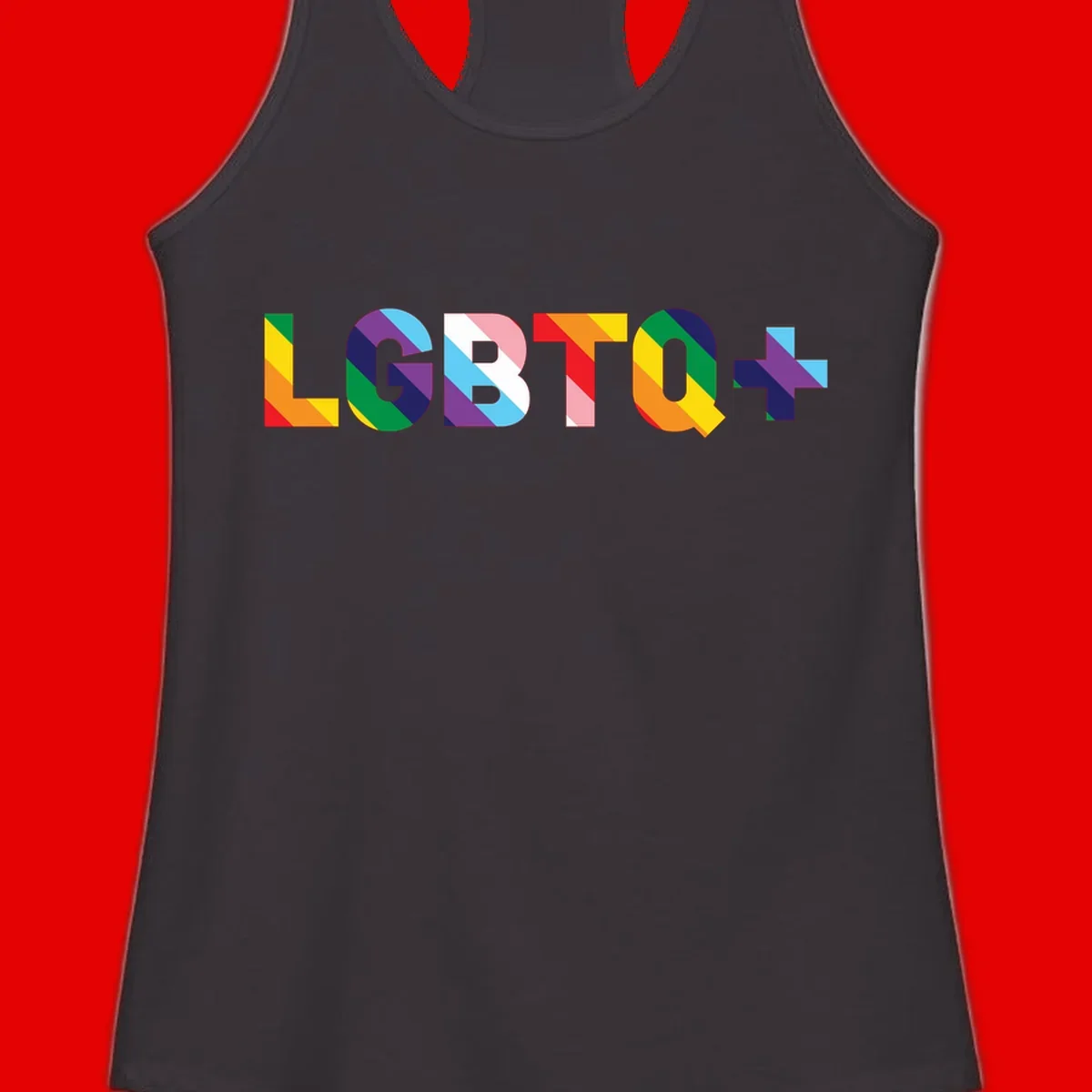 Colorful lgbtq-pride-letters design with diagonal rainbow stripes in red, orange, yellow, green, cyan, purple, and navy forming bold text