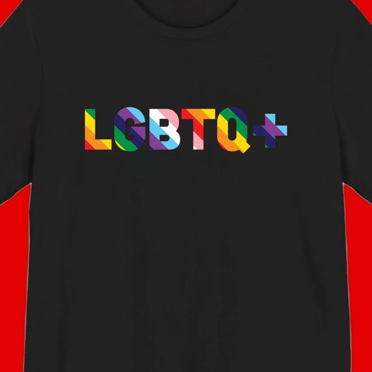 Colorful lgbtq-pride-letters design with diagonal rainbow stripes in red, orange, yellow, green, cyan, purple, and navy forming bold text