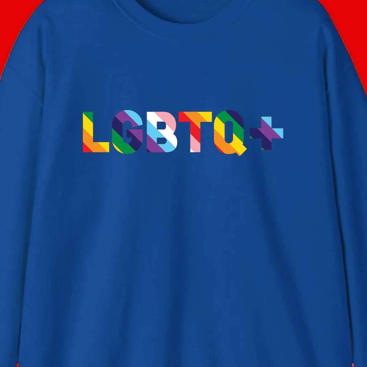 Colorful lgbtq-pride-letters design with diagonal rainbow stripes in red, orange, yellow, green, cyan, purple, and navy forming bold text