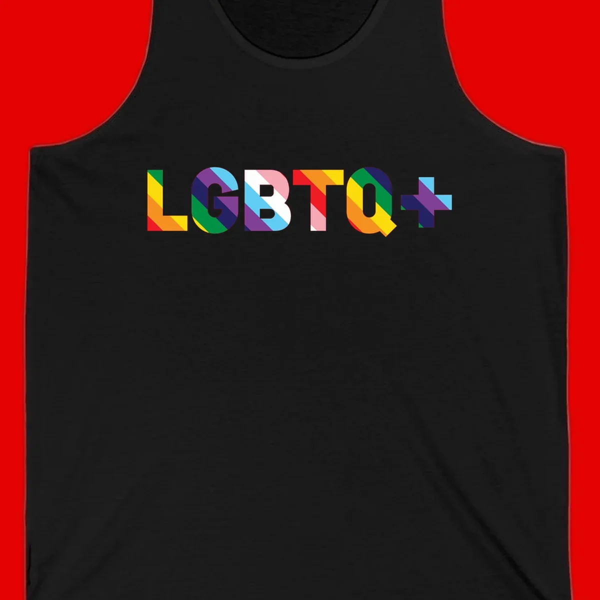 Colorful lgbtq-pride-letters design with diagonal rainbow stripes in red, orange, yellow, green, cyan, purple, and navy forming bold text