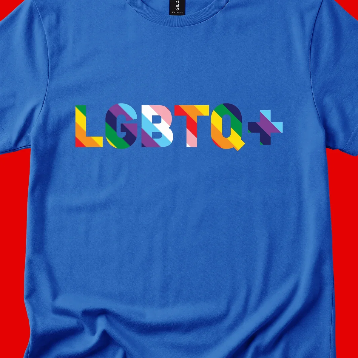 Colorful lgbtq-pride-letters design with diagonal rainbow stripes in red, orange, yellow, green, cyan, purple, and navy forming bold text