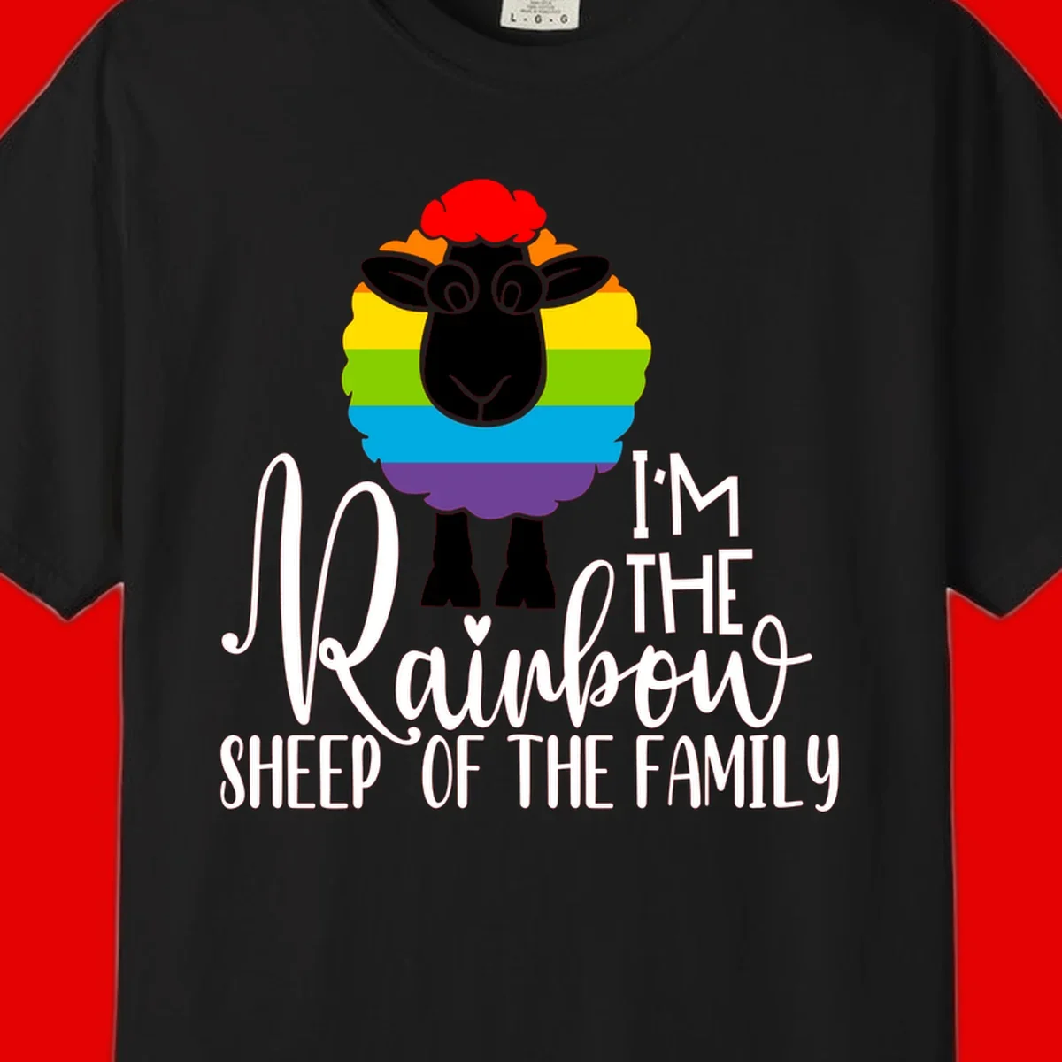 Colorful illustration of a smiling black sheep with rainbow-striped wool and red curly hair, with text reading 'I'm The Rainbow Sheep Of The Family'