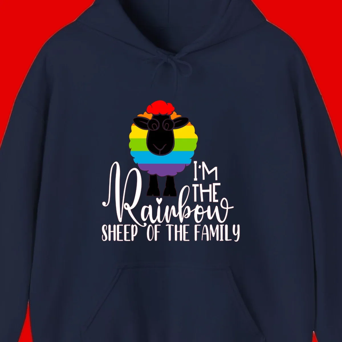 Colorful illustration of a smiling black sheep with rainbow-striped wool and red curly hair, with text reading 'I'm The Rainbow Sheep Of The Family'