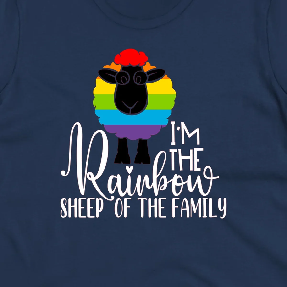 Colorful illustration of a smiling black sheep with rainbow-striped wool and red curly hair, with text reading 'I'm The Rainbow Sheep Of The Family'