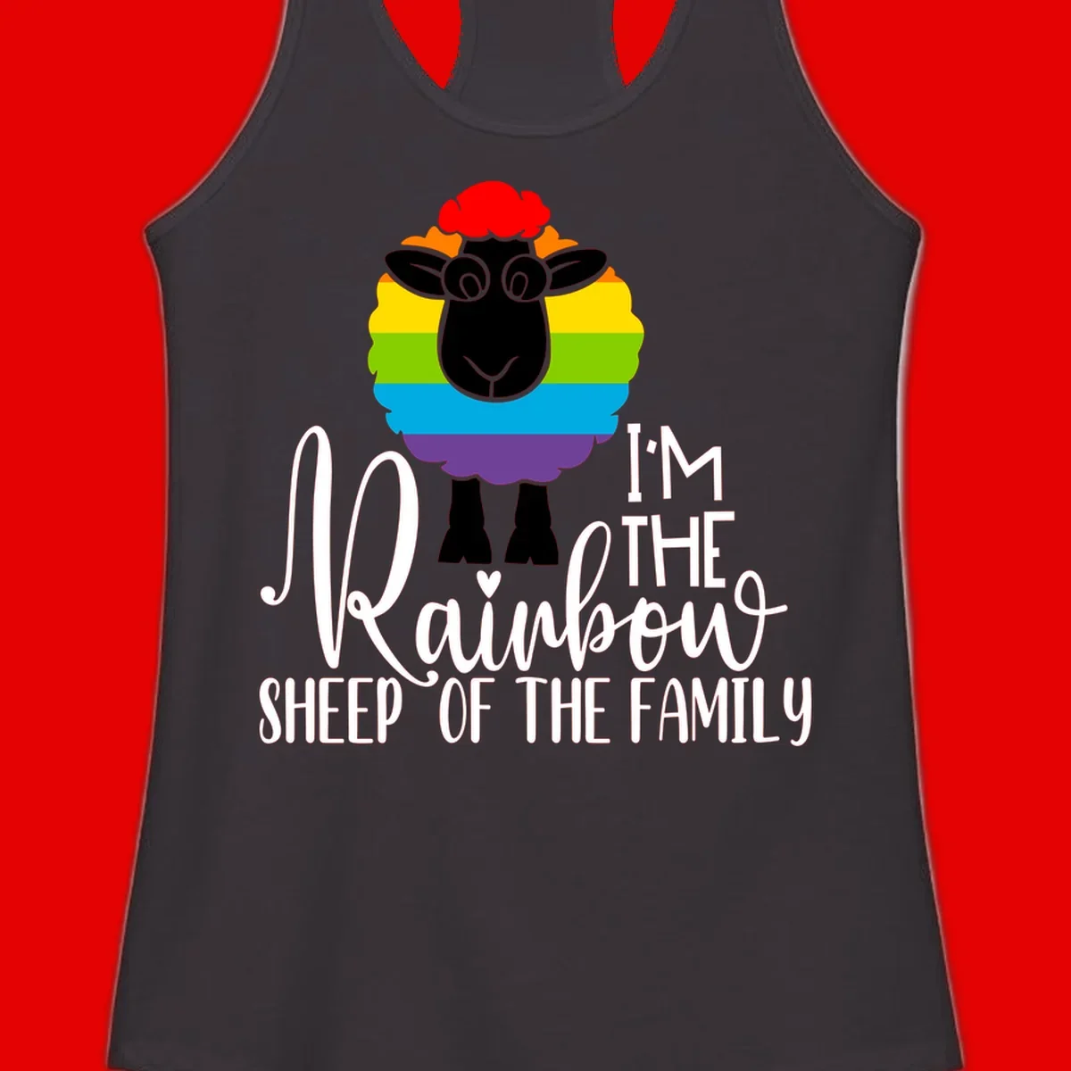 Colorful illustration of a smiling black sheep with rainbow-striped wool and red curly hair, with text reading 'I'm The Rainbow Sheep Of The Family'