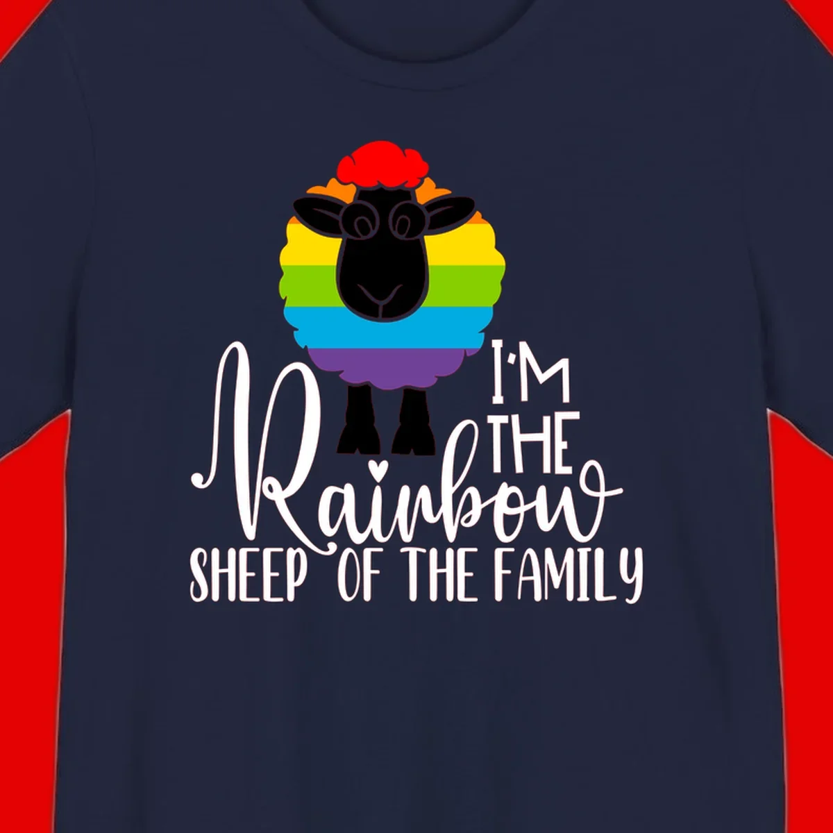 Colorful illustration of a smiling black sheep with rainbow-striped wool and red curly hair, with text reading 'I'm The Rainbow Sheep Of The Family'