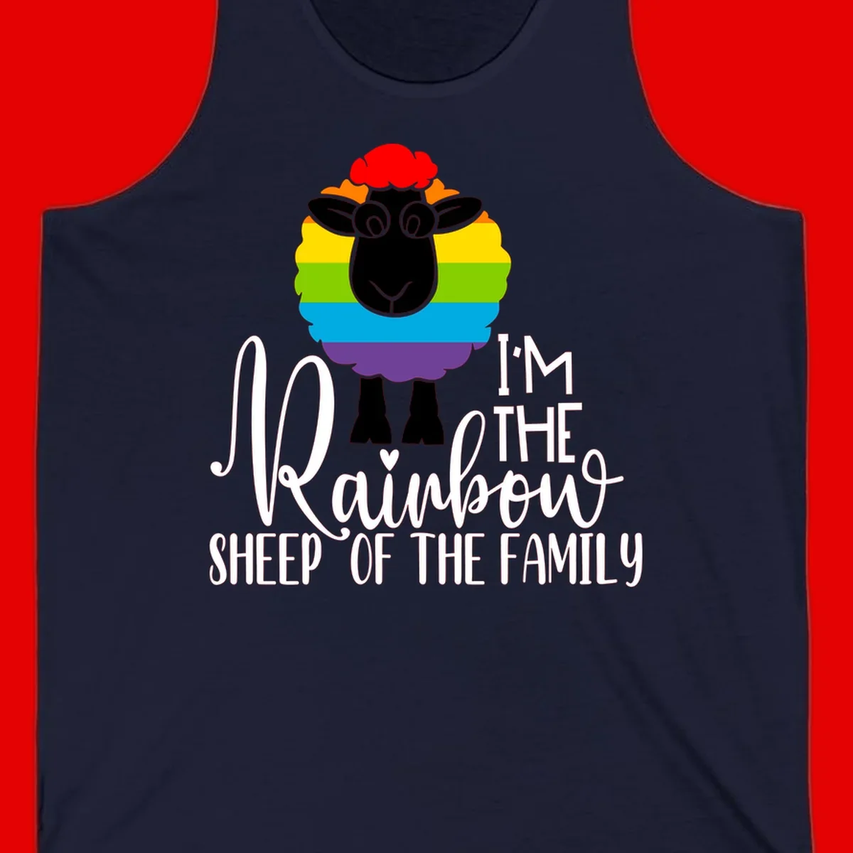 Colorful illustration of a smiling black sheep with rainbow-striped wool and red curly hair, with text reading 'I'm The Rainbow Sheep Of The Family'
