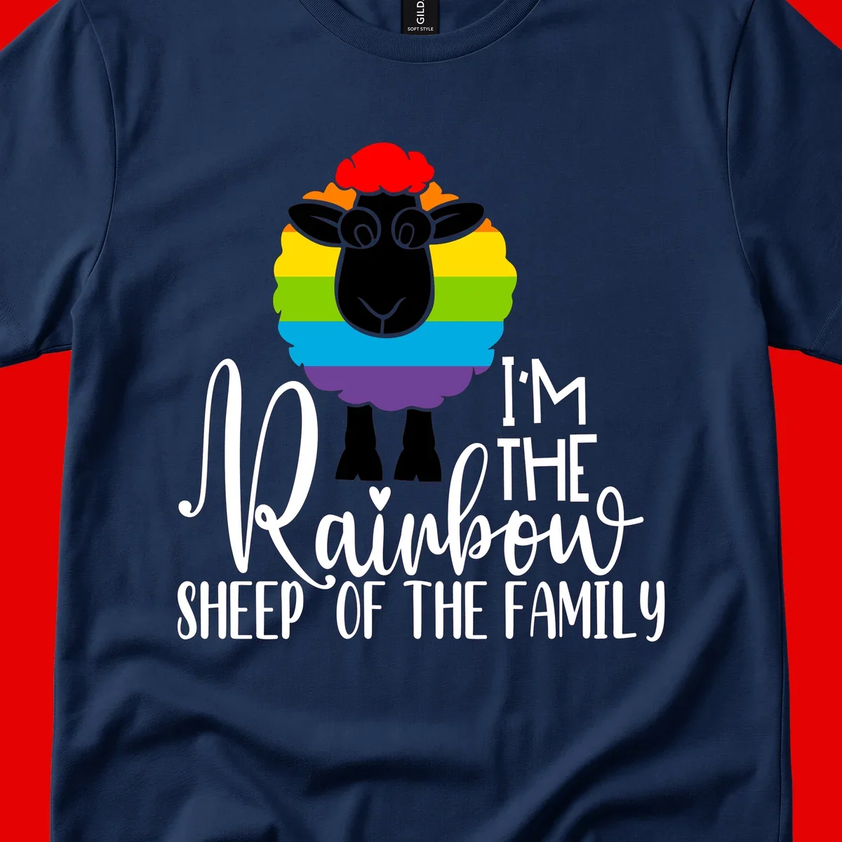 Colorful illustration of a smiling black sheep with rainbow-striped wool and red curly hair, with text reading 'I'm The Rainbow Sheep Of The Family'