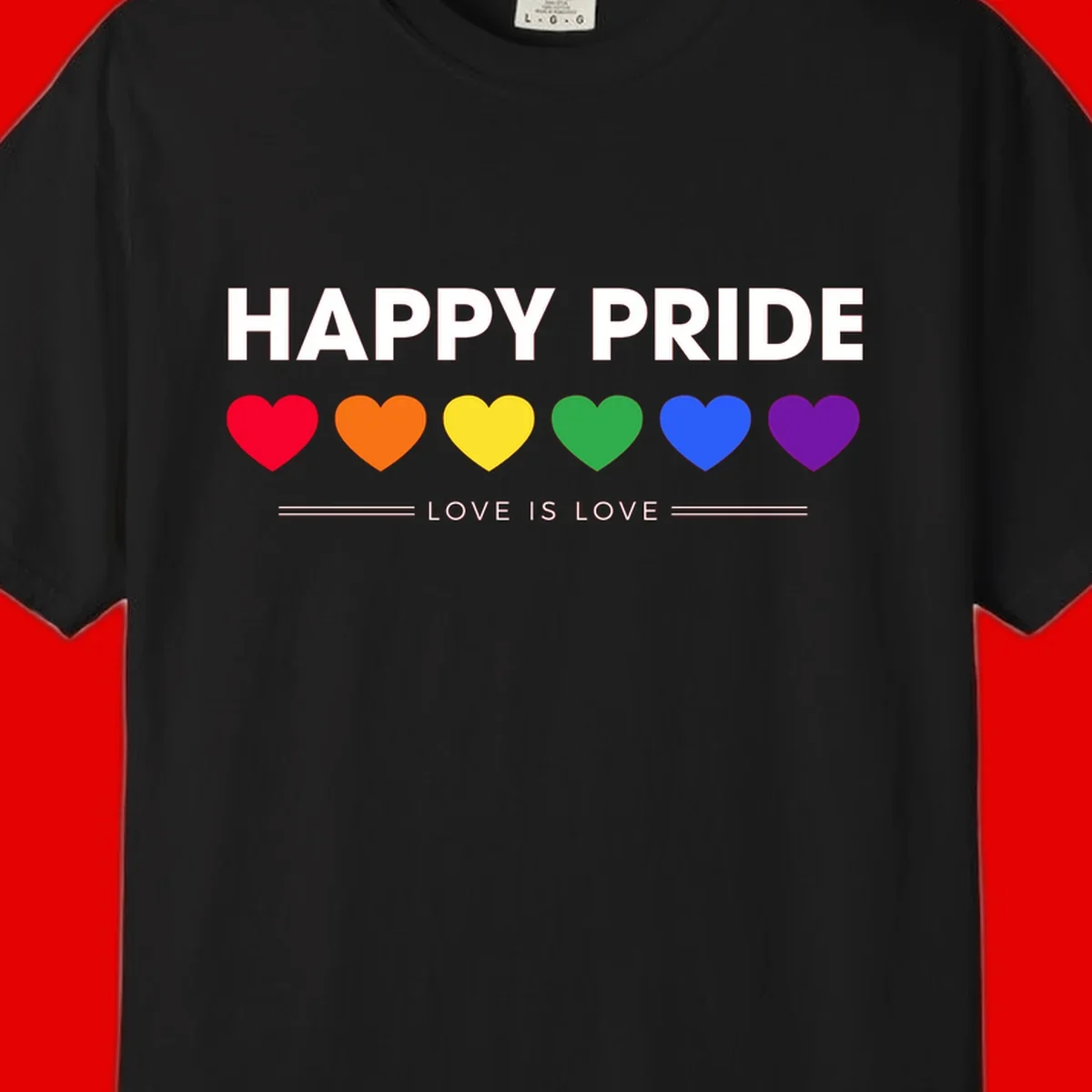 Love is love pride design with six colorful rainbow hearts and celebratory text on gray background