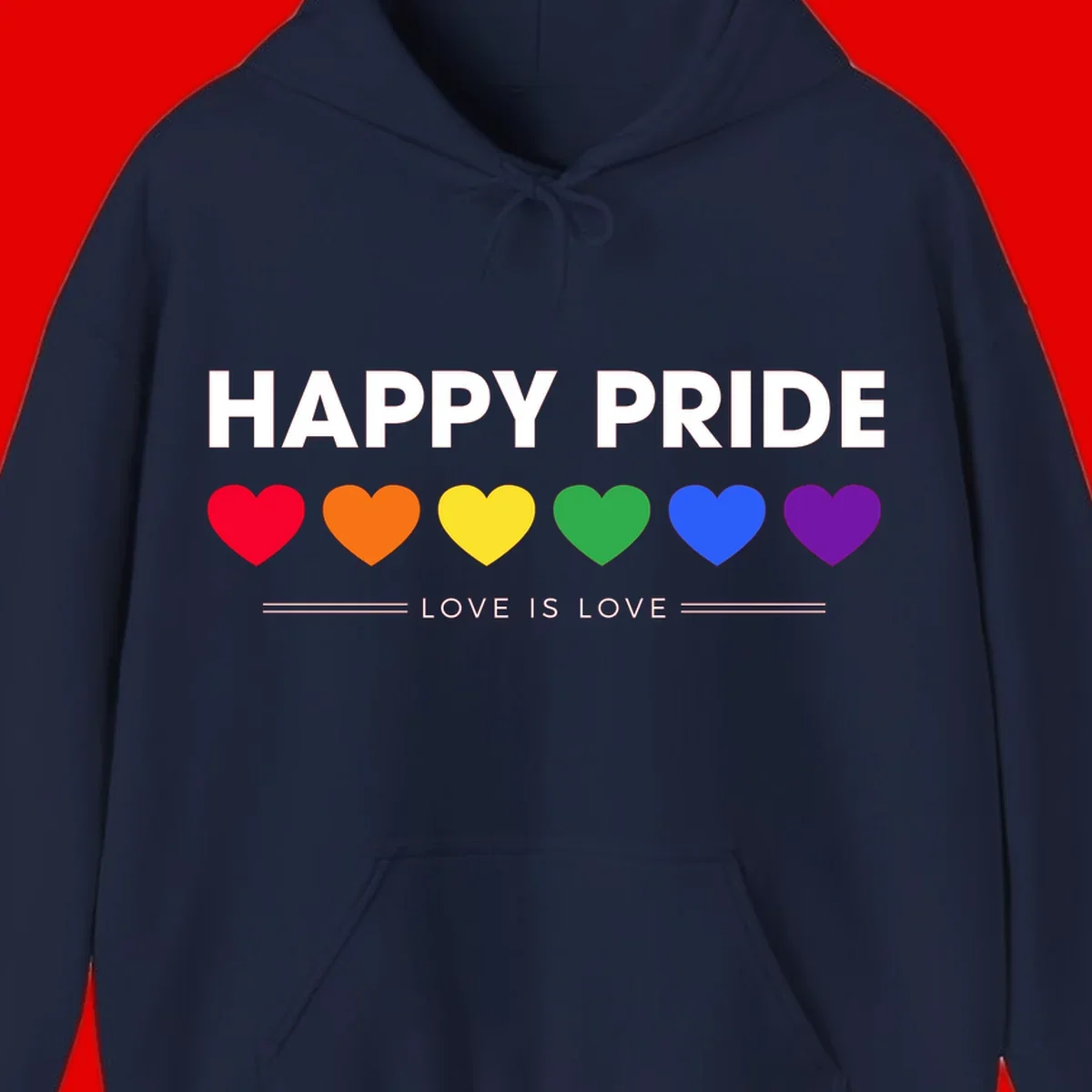Love is love pride design with six colorful rainbow hearts and celebratory text on gray background