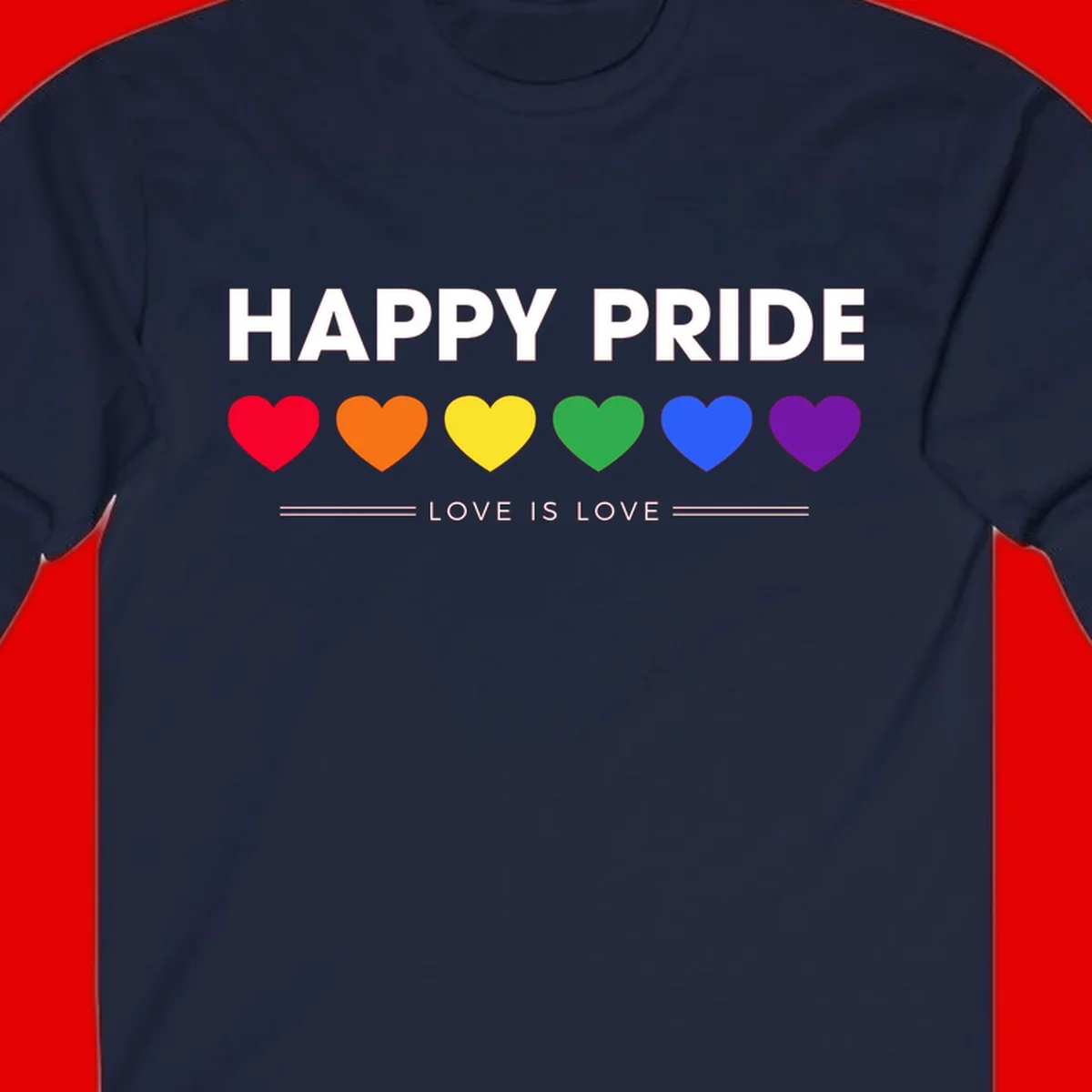 Love is love pride design with six colorful rainbow hearts and celebratory text on gray background