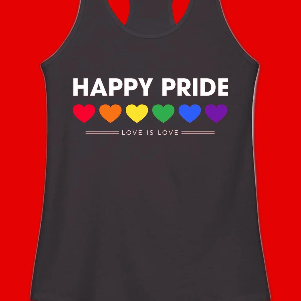 Love is love pride design with six colorful rainbow hearts and celebratory text on gray background