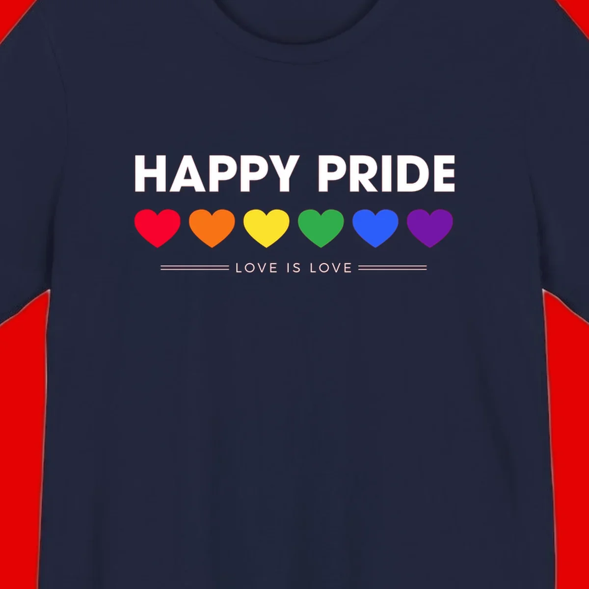Love is love pride design with six colorful rainbow hearts and celebratory text on gray background